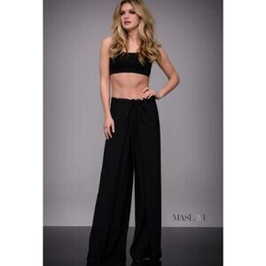 NEW Maslavi By Jovani Contemporary Black High Waist Wide Leg Flowy Pant